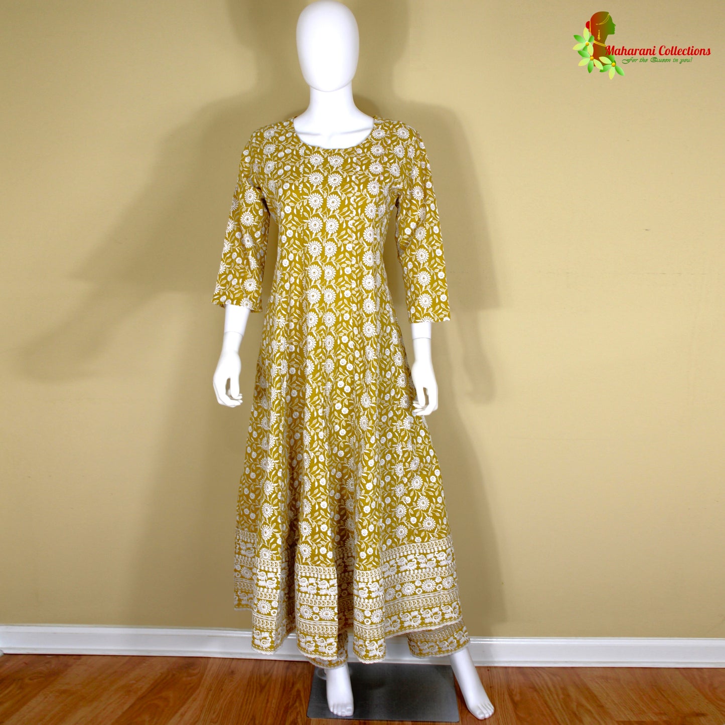 Maharani's Anarkali Suit - Mustard Yellow (L) - Pure Cotton