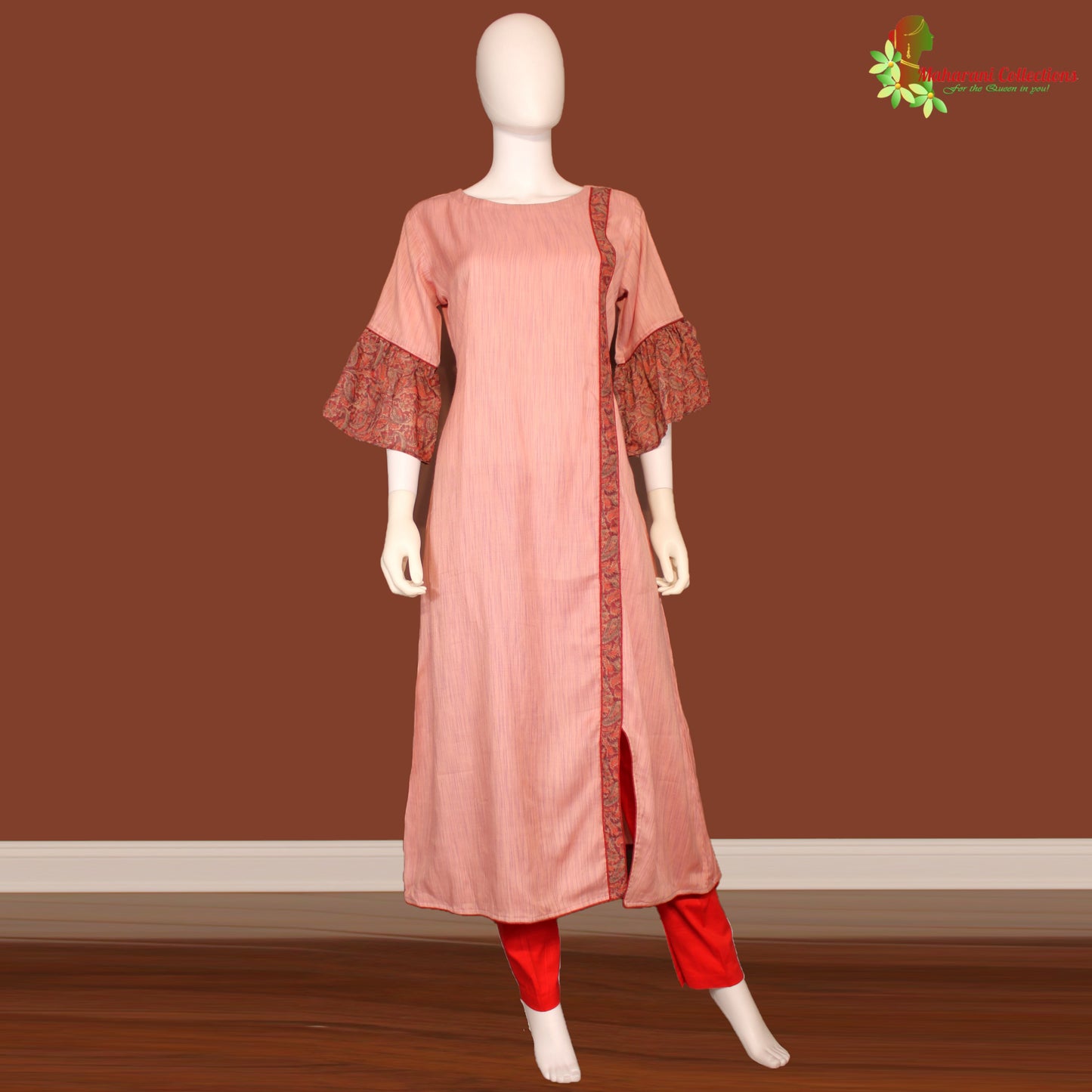 Maharani's Salwar Suit Set - Peach (L) - Cotton Silk