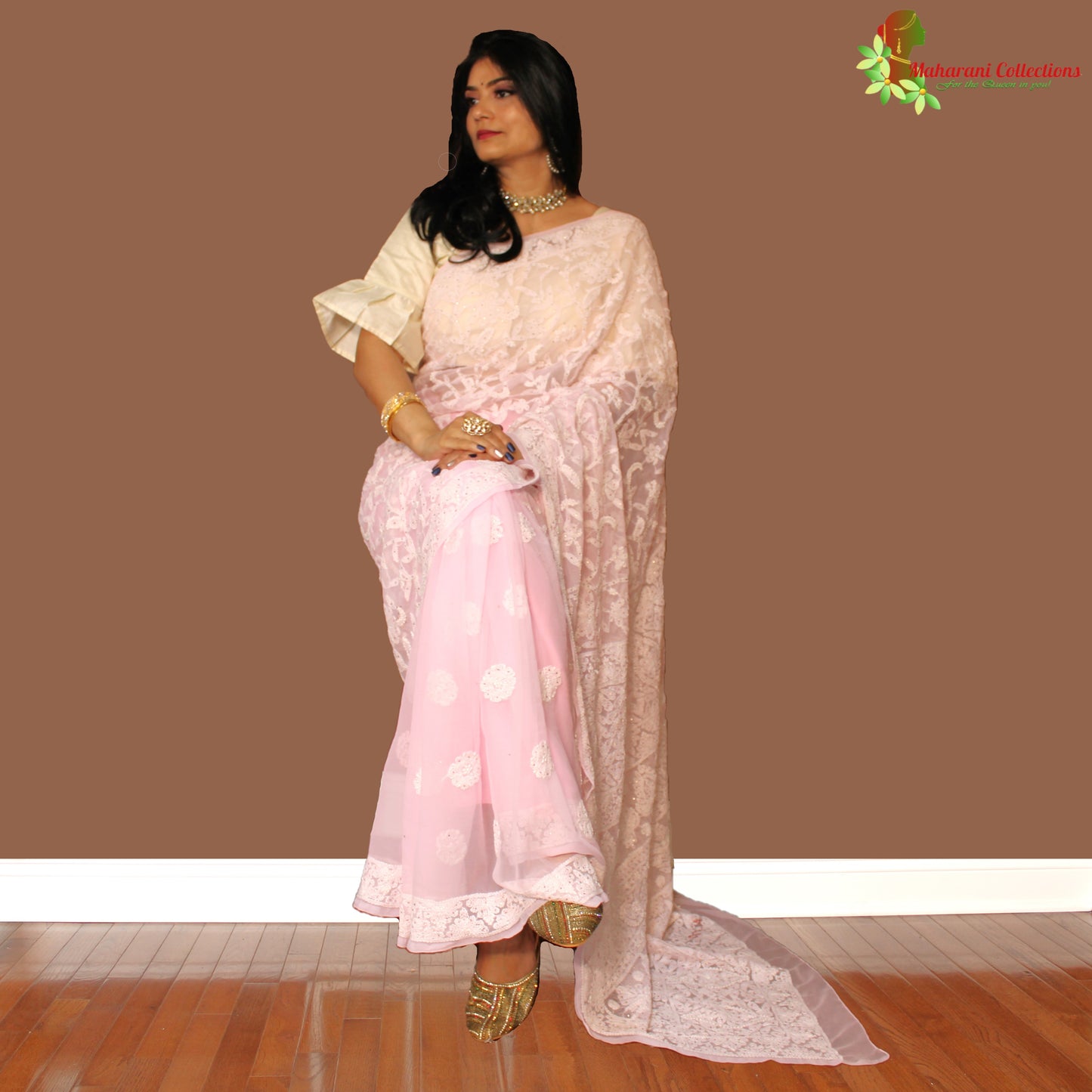 Maharani's Party Wear Lucknowi Chikankari Saree - Pink - Pure Georgette