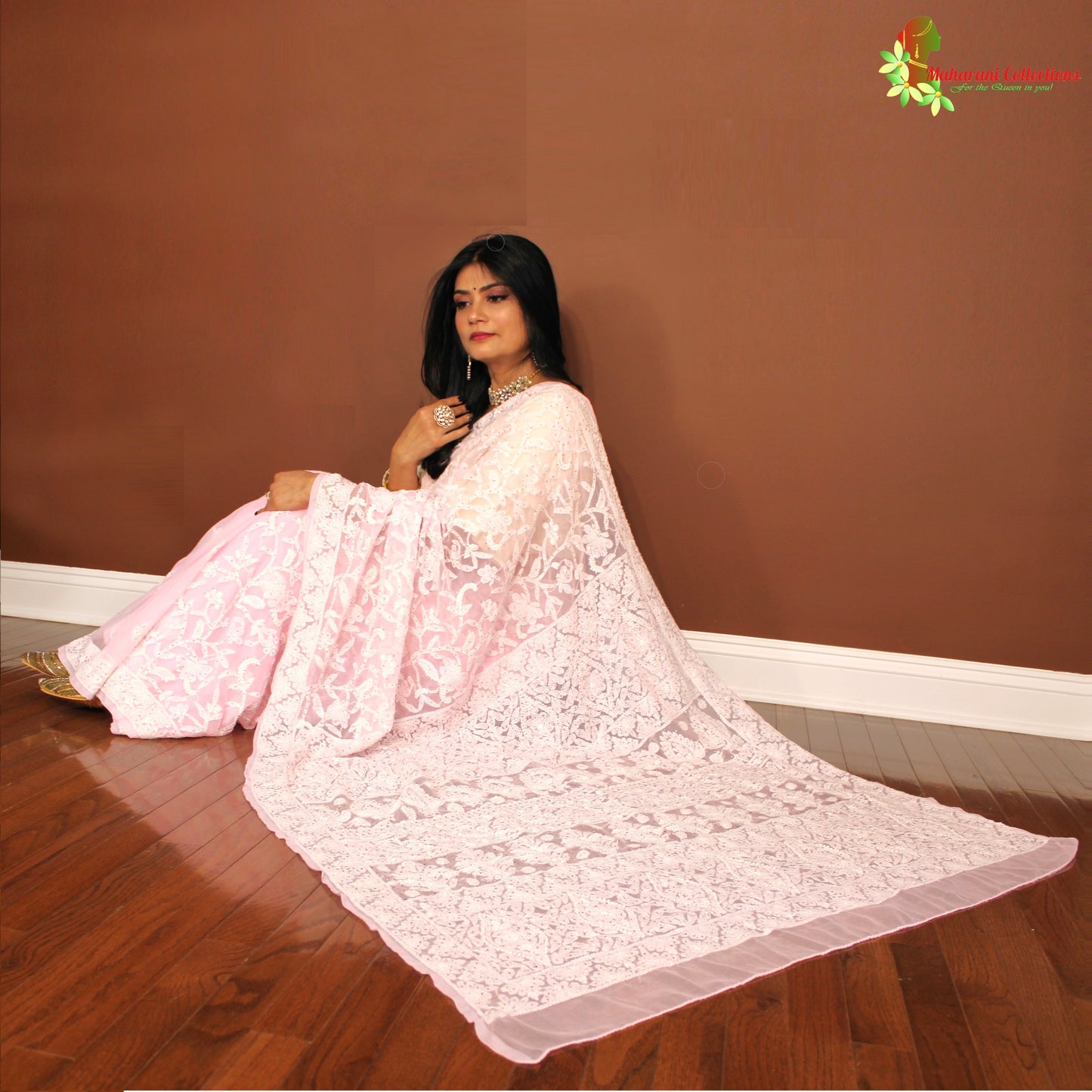Maharani's Party Wear Lucknowi Chikankari Saree - Pink - Pure Georgette