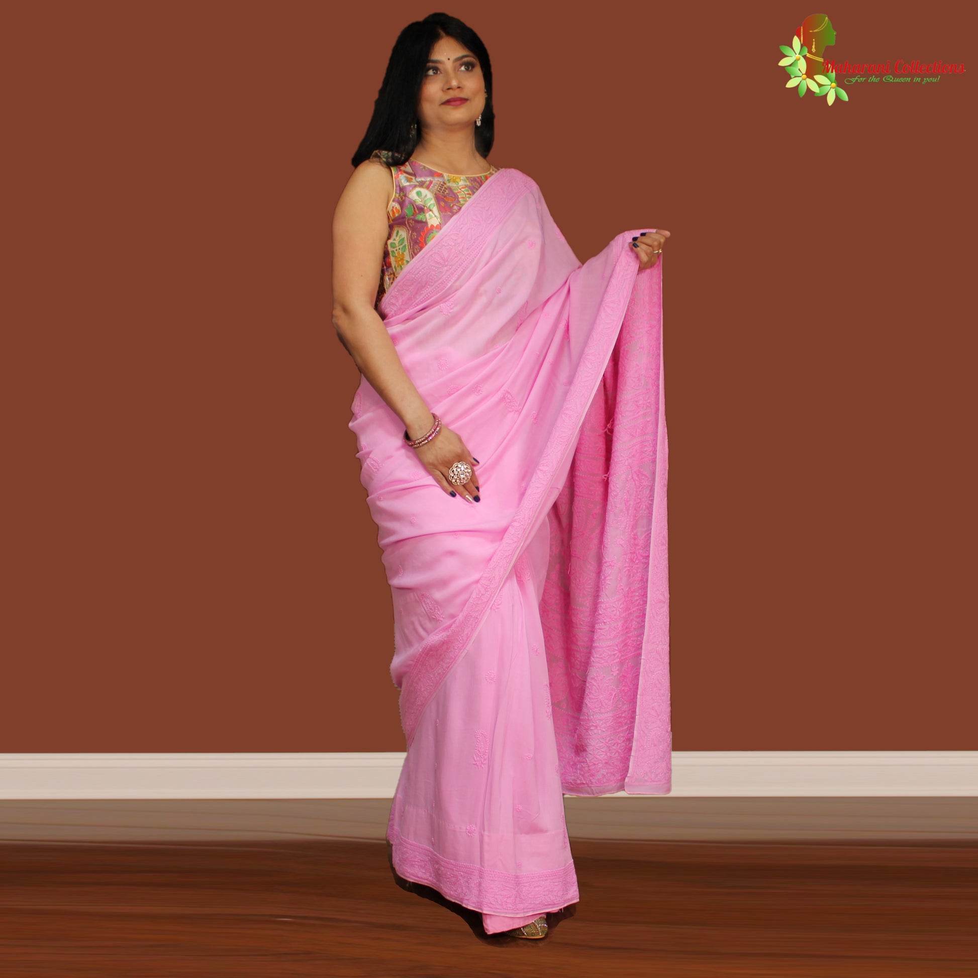 Maharani's Party Wear Lucknowi Chikankari Saree - Pink - Soft Cotton –  Maharani Collections