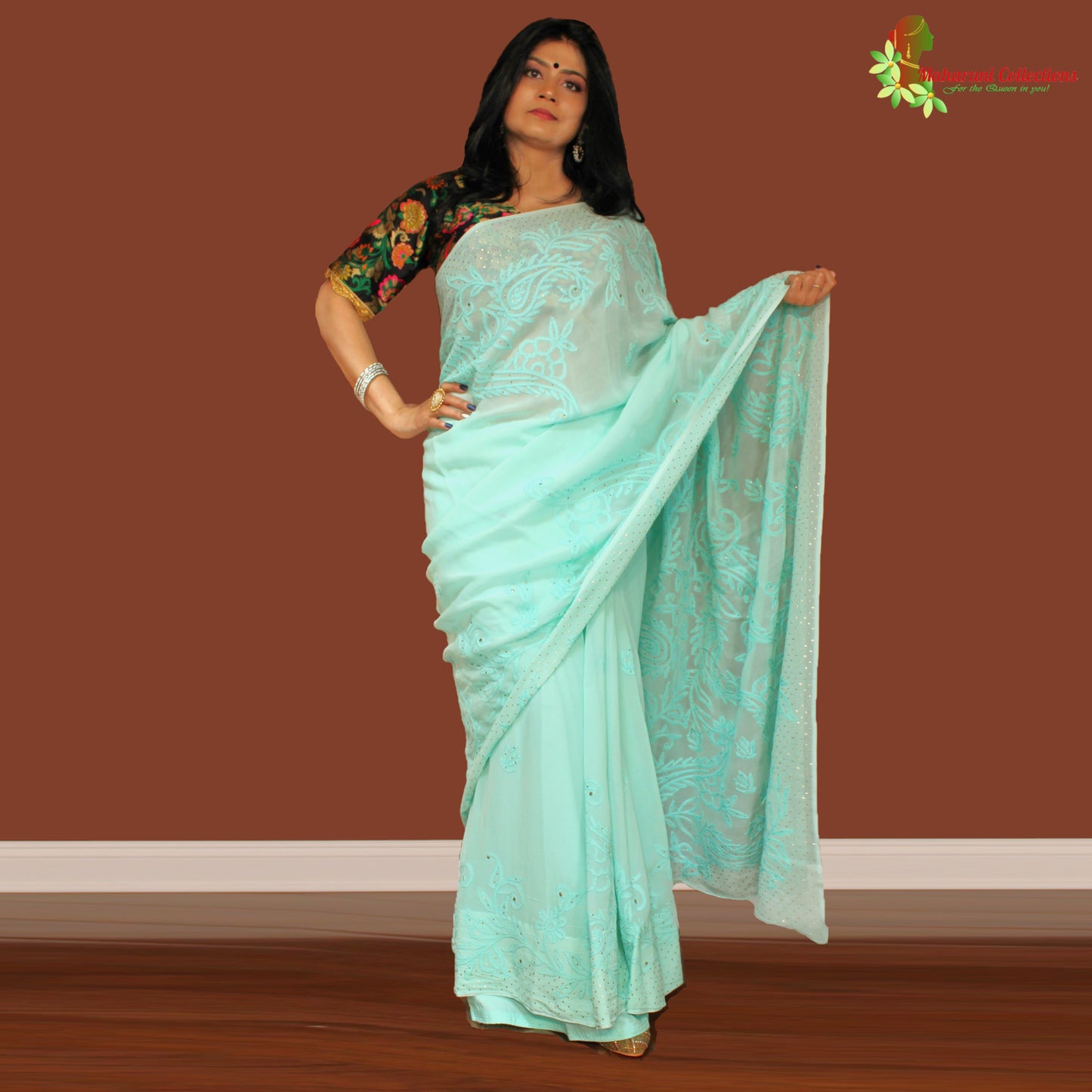 Maharani's Party Wear Lucknowi Chikankari Saree - Sea Green - Pure Georgette