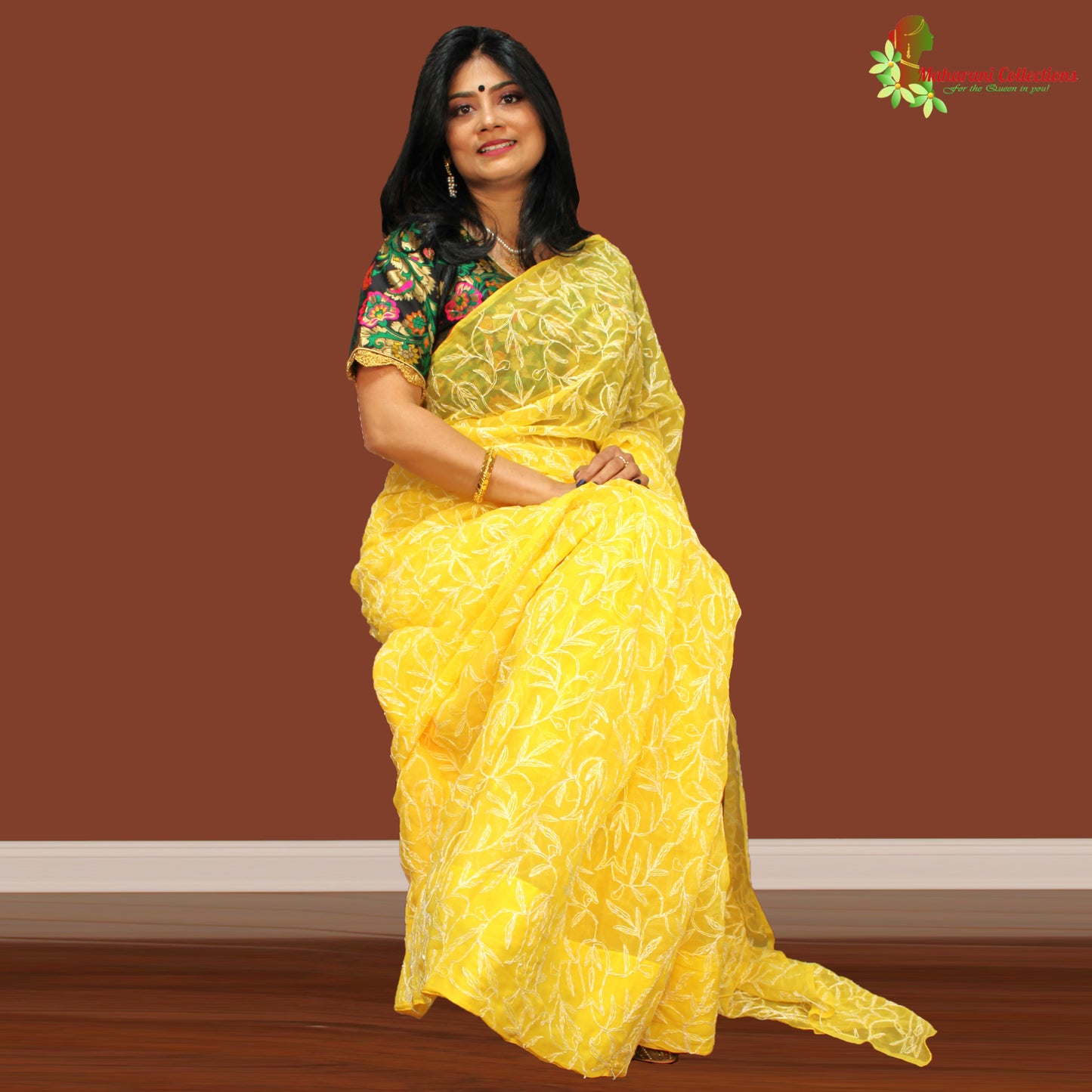 Maharani's Party Wear Lucknowi Chikankari Saree - Yellow - Pure
