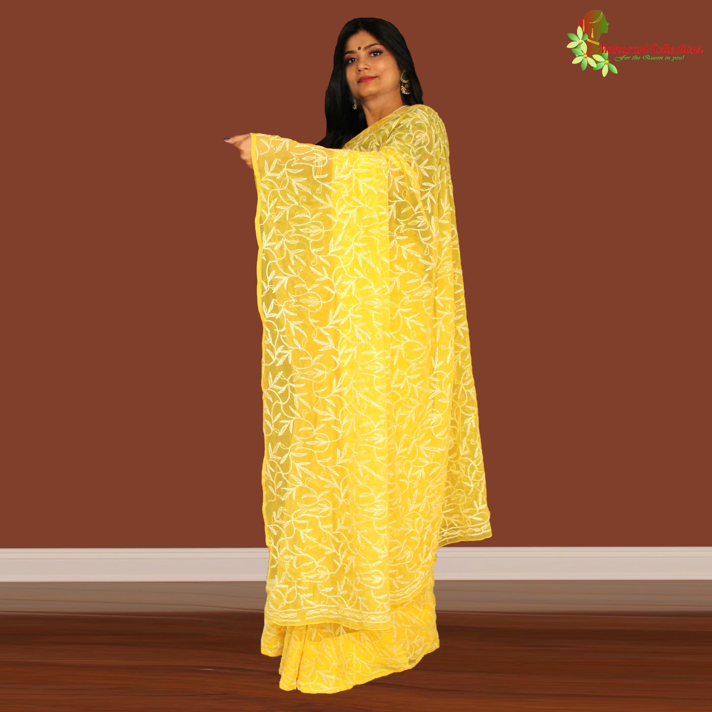Maharani's Party Wear Lucknowi Chikankari Saree - Yellow - Pure Georgette