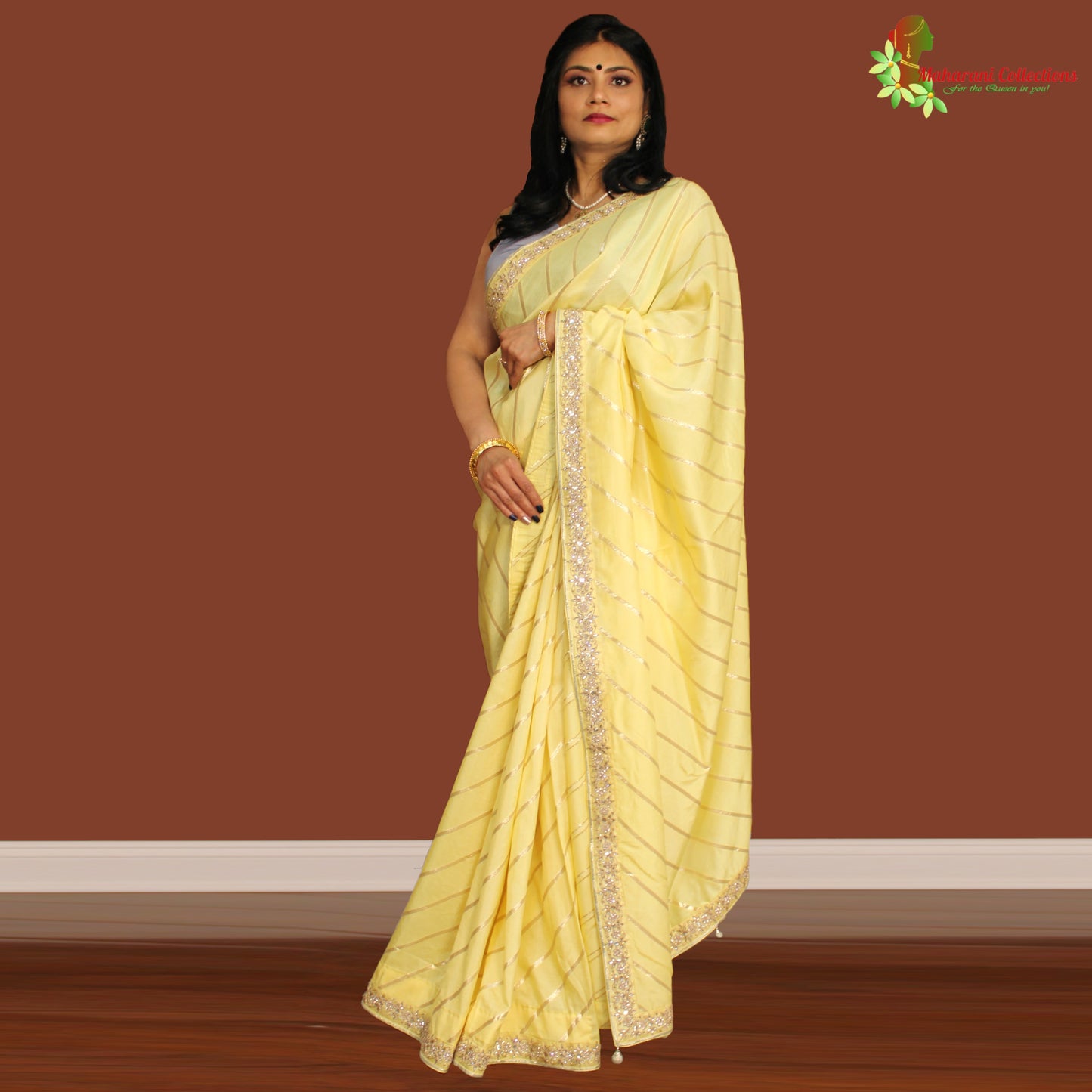 Maharani's Party Wear Georgette Lahariya Saree - Lemon Yellow (Includes Stitched Blouse and Petticoat)