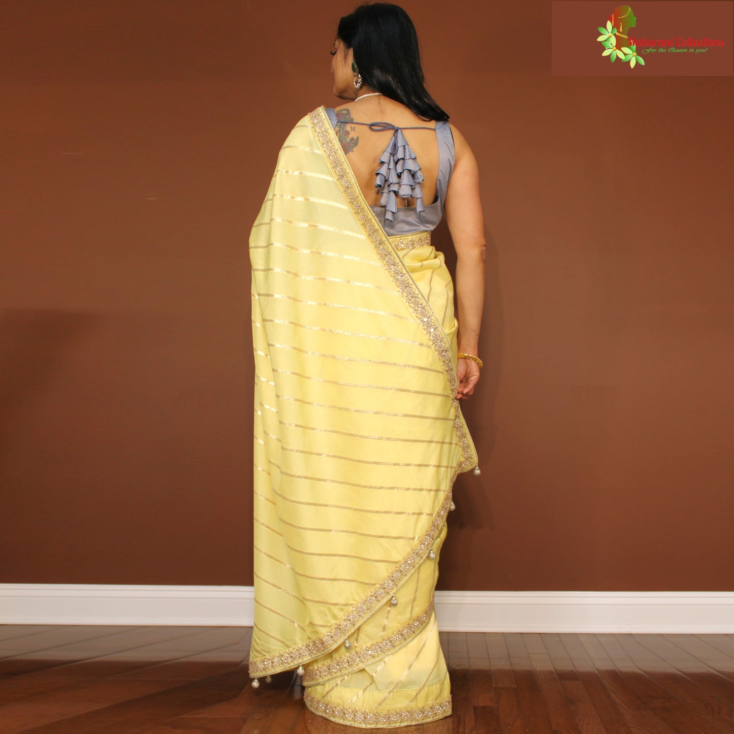 Maharani's Party Wear Georgette Lahariya Saree - Lemon Yellow (Includes Stitched Blouse and Petticoat)
