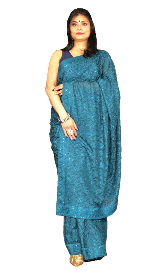 Maharani's Party Wear Georgette Saree - Peacock Blue (with Stitched Blouse and Petticoat)