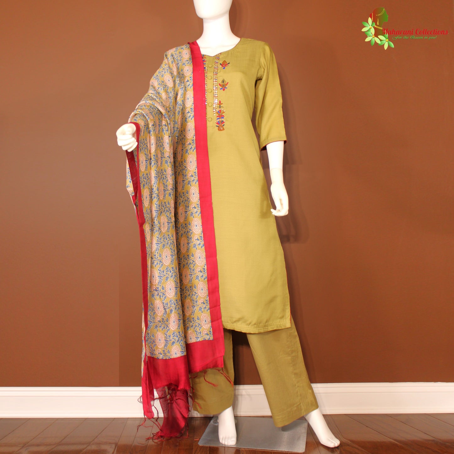 Maharani's Designer Palazzo Suit Set - Cotton Silk - Henna Green (M)