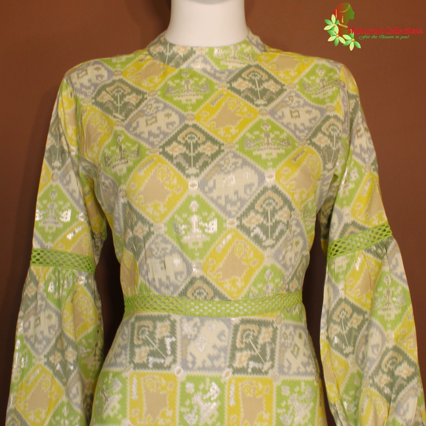 Maharani's Long Dress - Satin Silk - Green Multicolor (M)