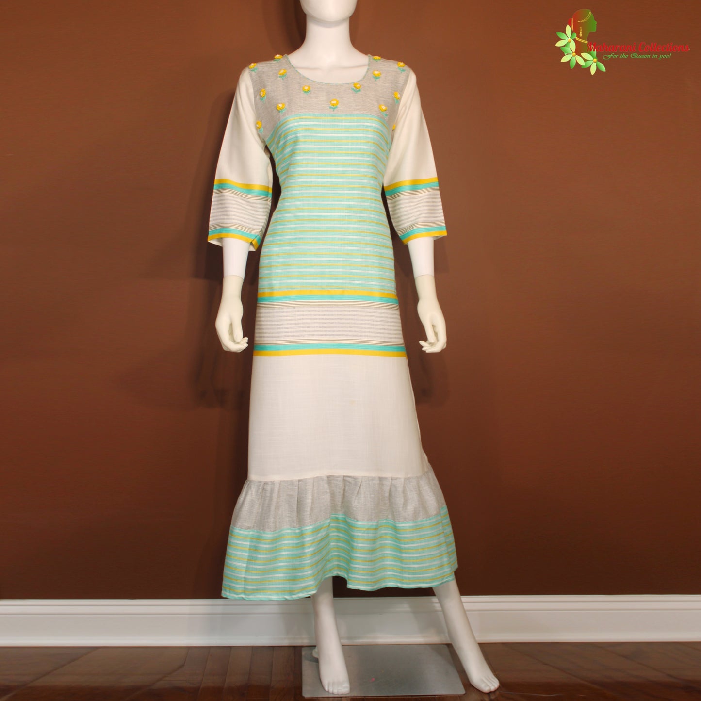 Maharani's Satin Silk Long Dress - Green and White (XL)
