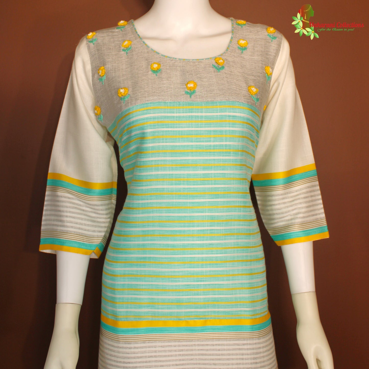 Maharani's Satin Silk Long Dress - Green and White (XL)