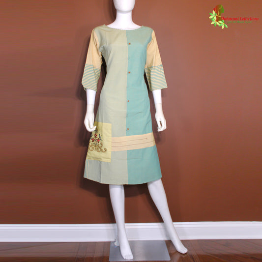 Maharani's Soft Cotton Short Dress - Golden/Green (M)