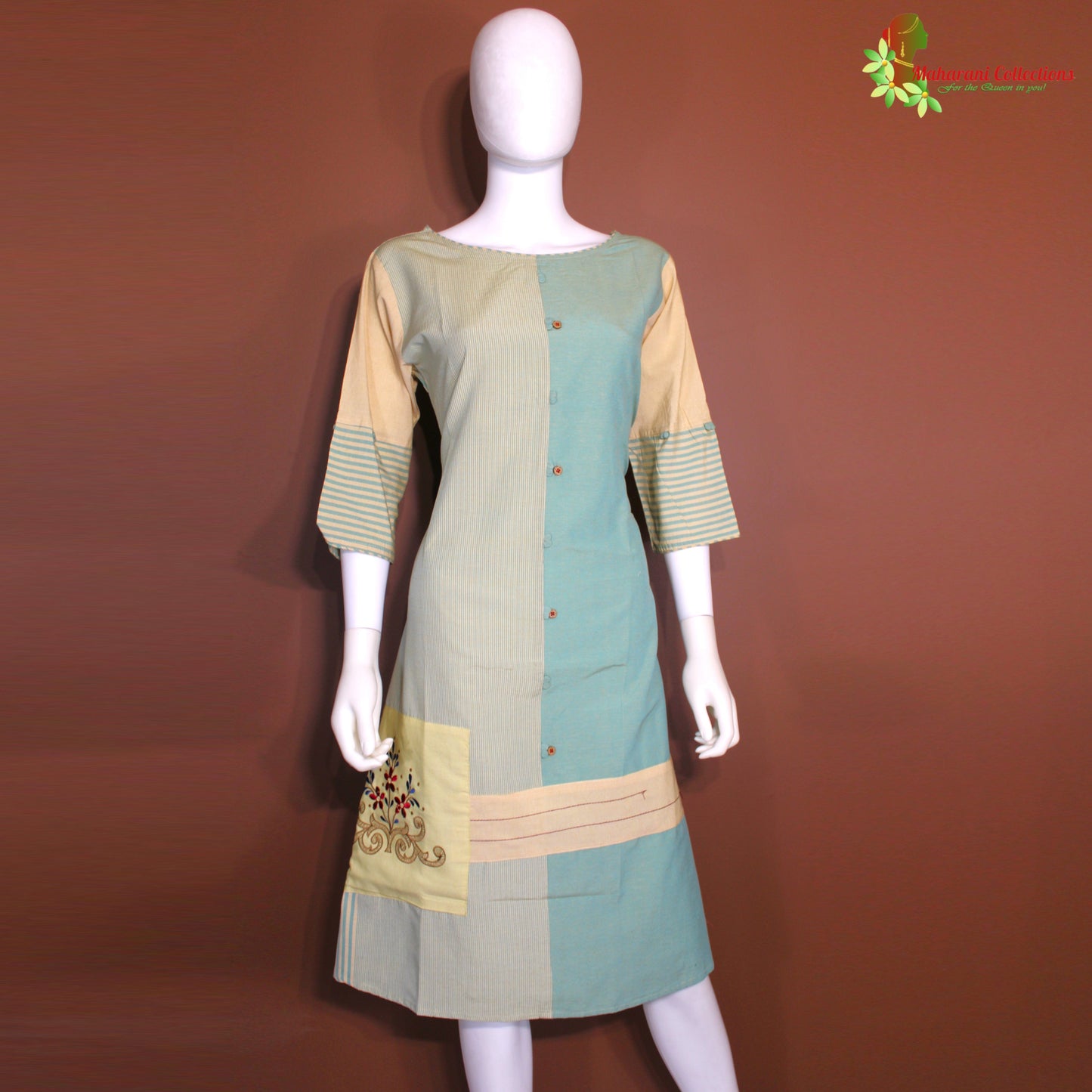 Maharani's Soft Cotton Short Dress - Golden/Green (M)