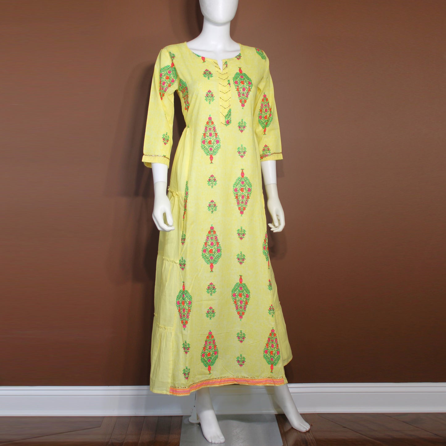 Maharani's Soft Cotton Long Dress - Yellow (XL)
