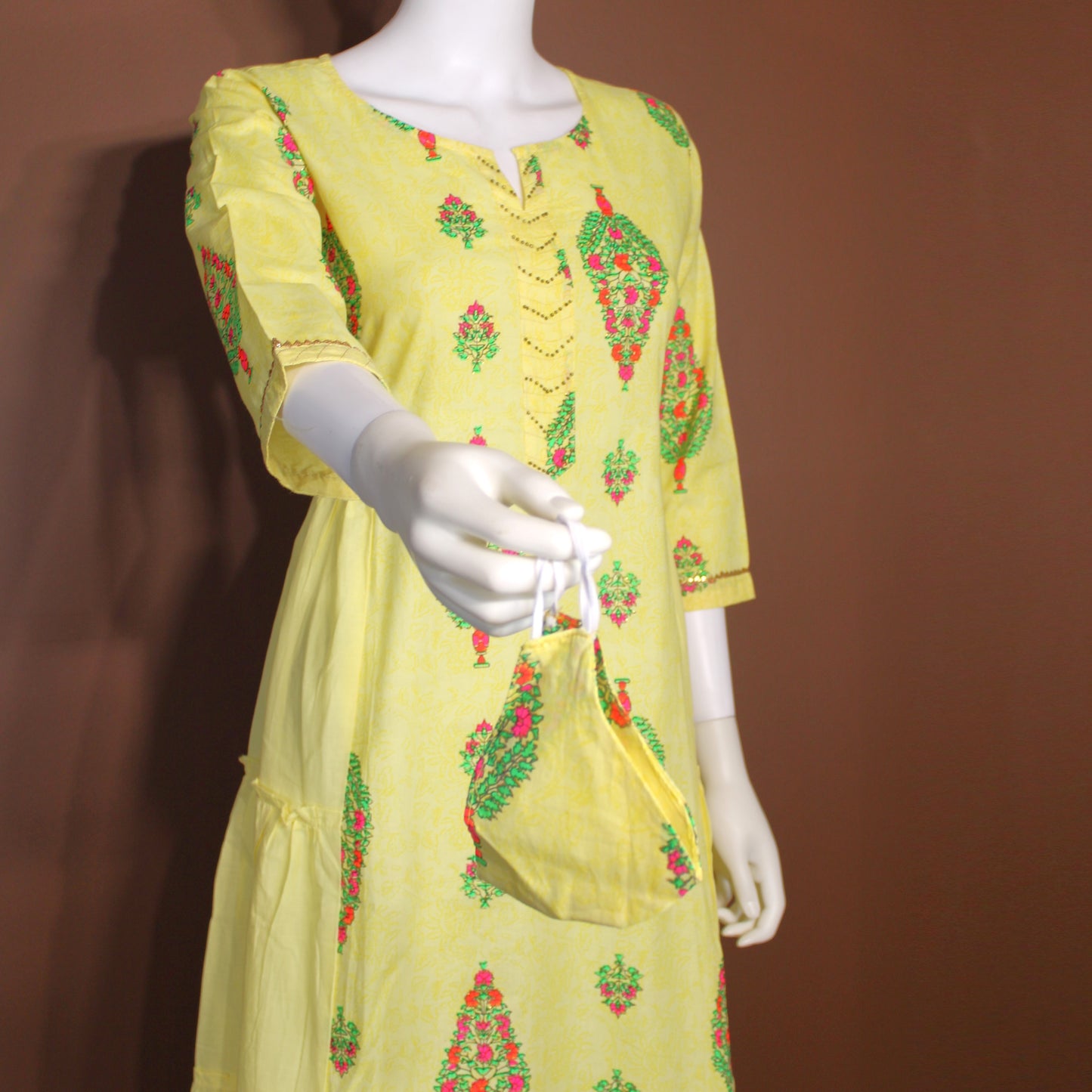 Maharani's Soft Cotton Long Dress - Yellow (L)