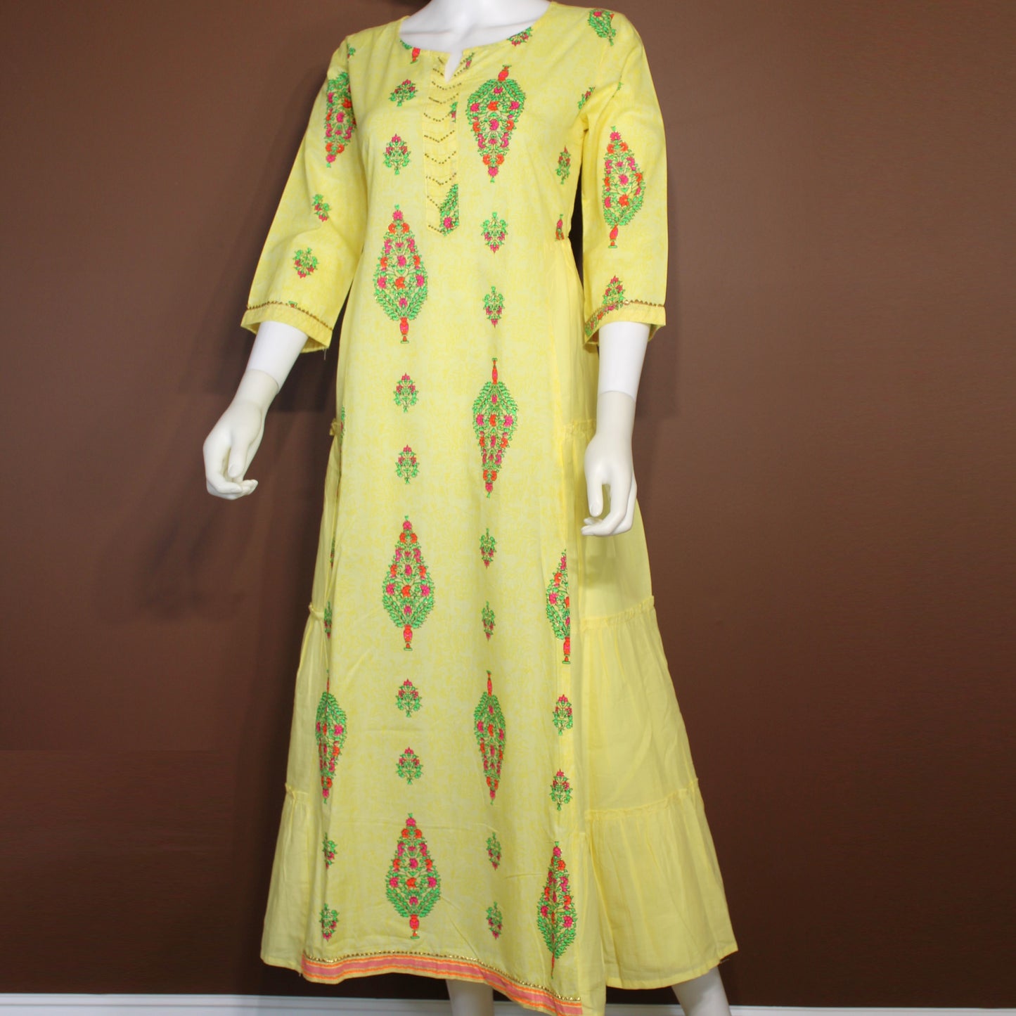 Maharani's Soft Cotton Long Dress - Yellow (XL)