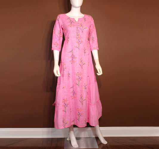 Maharani's Soft Cotton Long Dress - Pink (M)