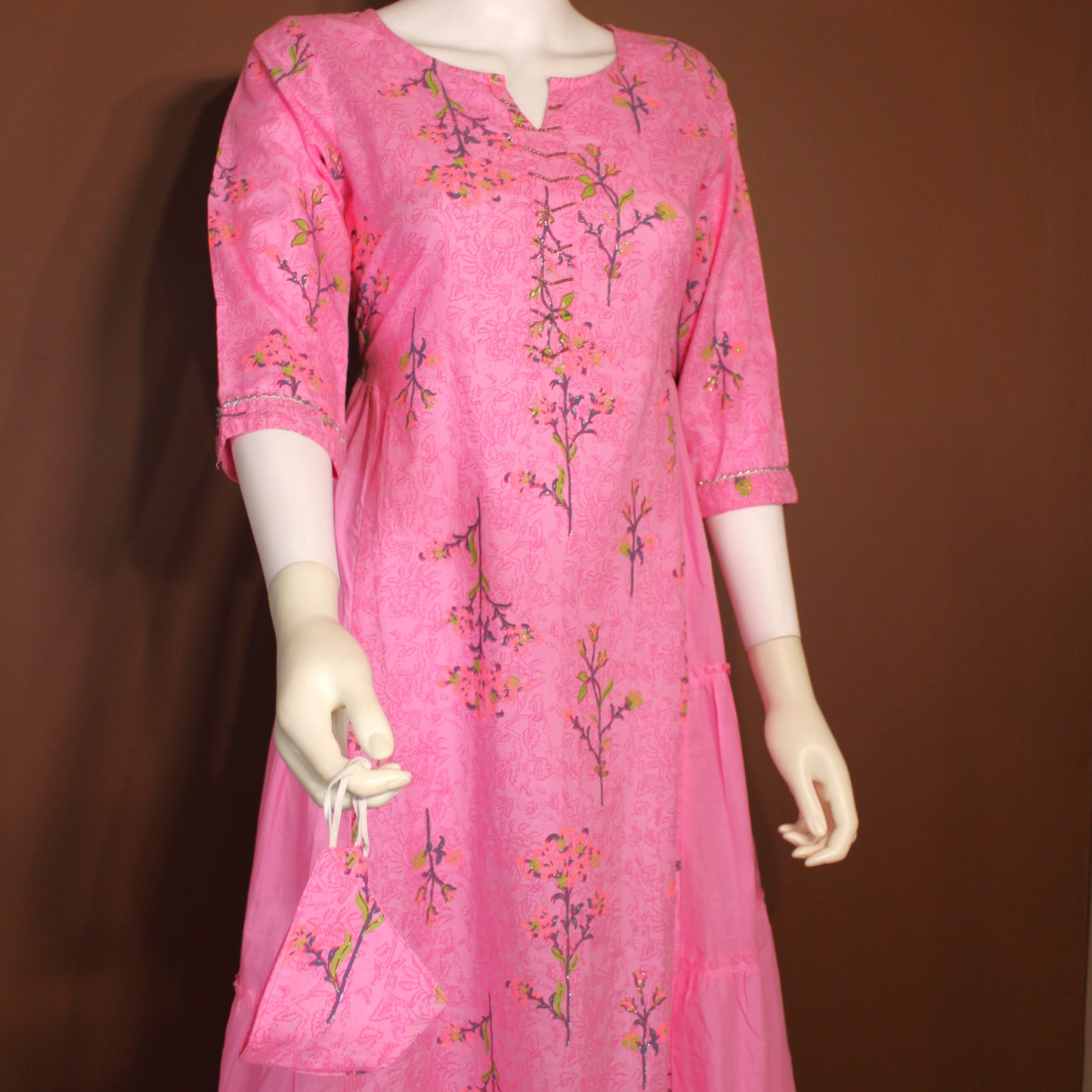 Maharani's Soft Cotton Long Dress - Pink (M)