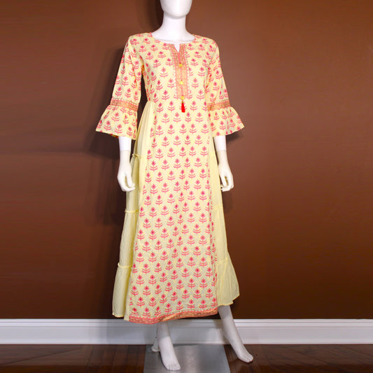 Maharani's Soft Cotton Long Dress - Yellow & Pink (L)