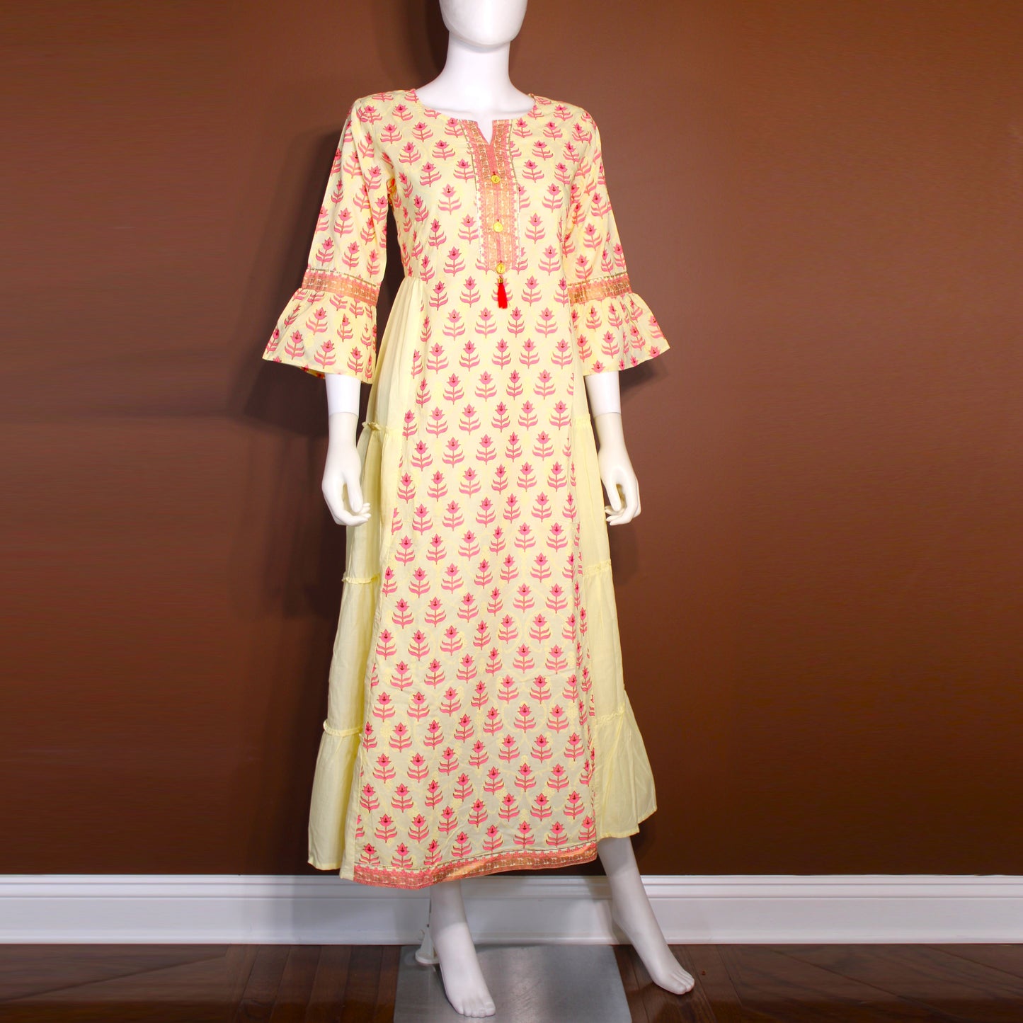 Maharani's Soft Cotton Long Dress - Yellow & Pink (S)