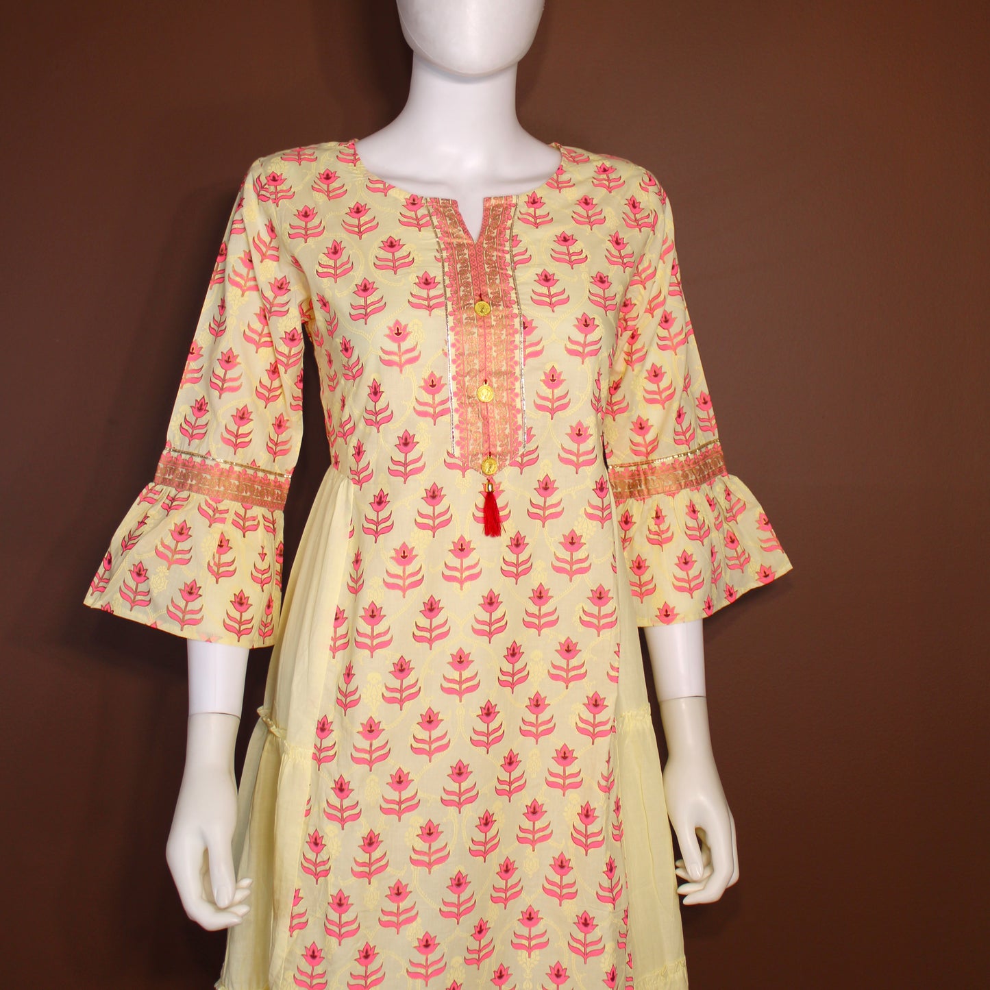 Maharani's Soft Cotton Long Dress - Yellow & Pink (L)
