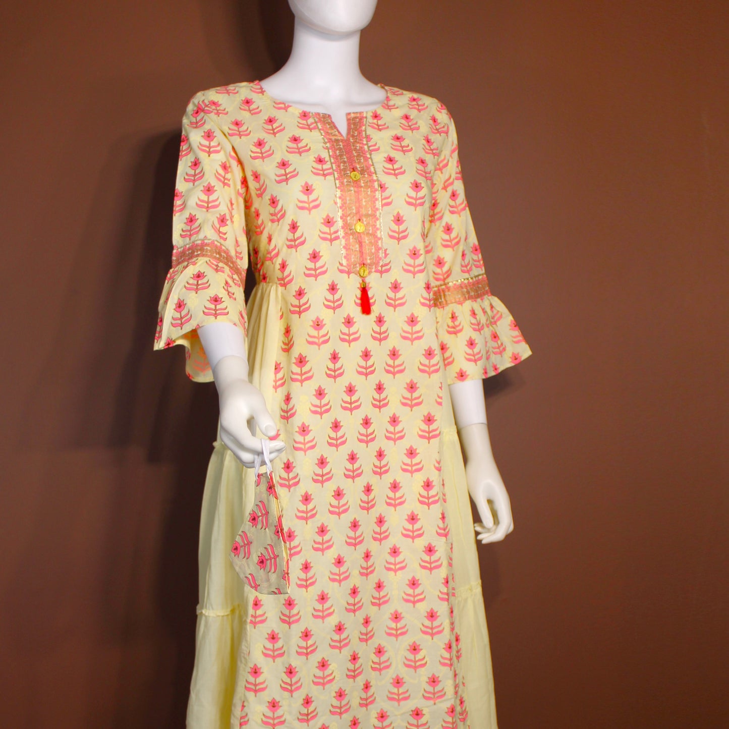 Maharani's Soft Cotton Long Dress - Yellow & Pink (L)