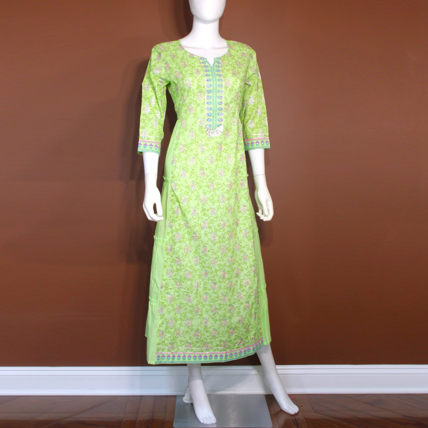 Maharani's Soft Cotton Long Dress - Light Green (M)
