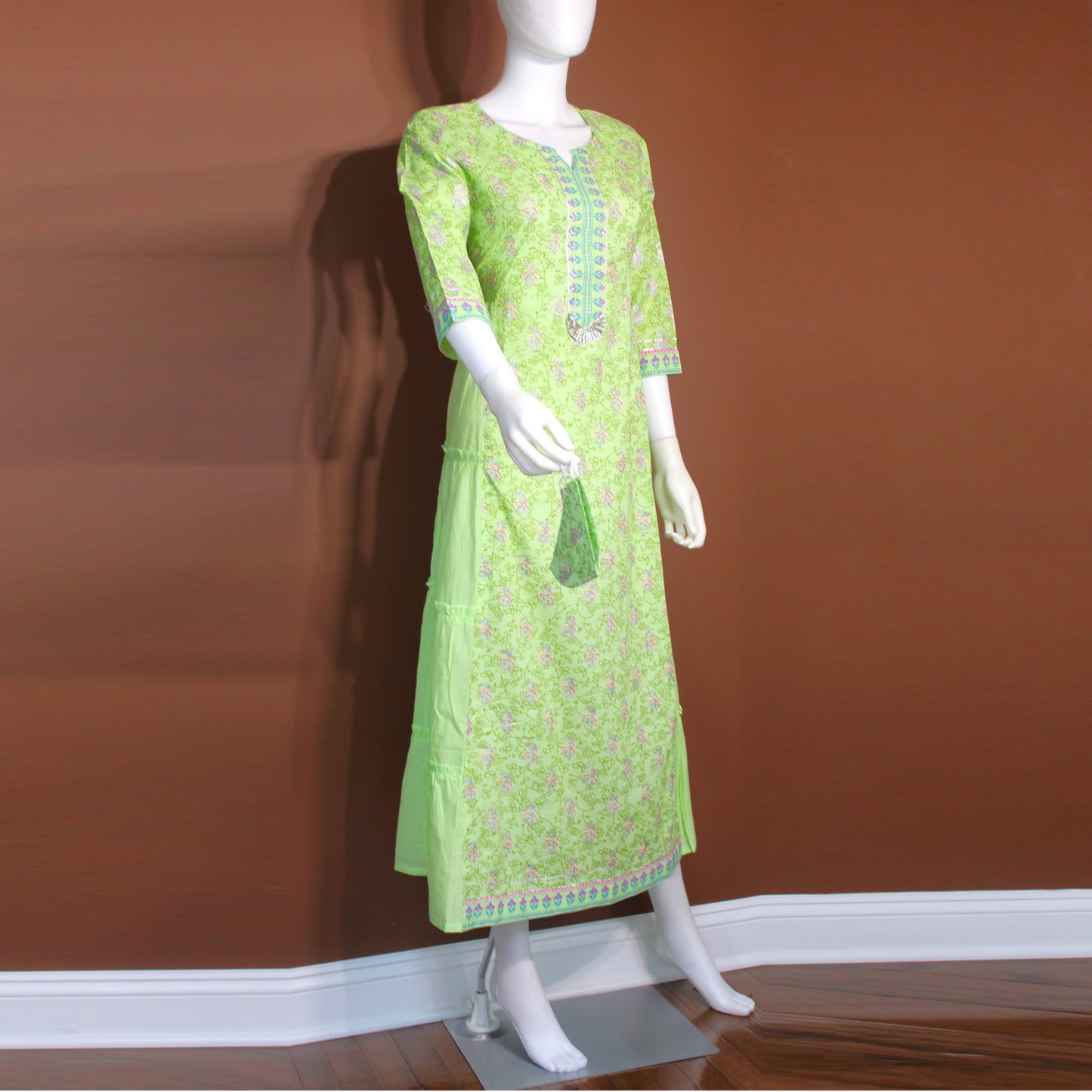 Maharani's Soft Cotton Long Dress - Light Green (M)