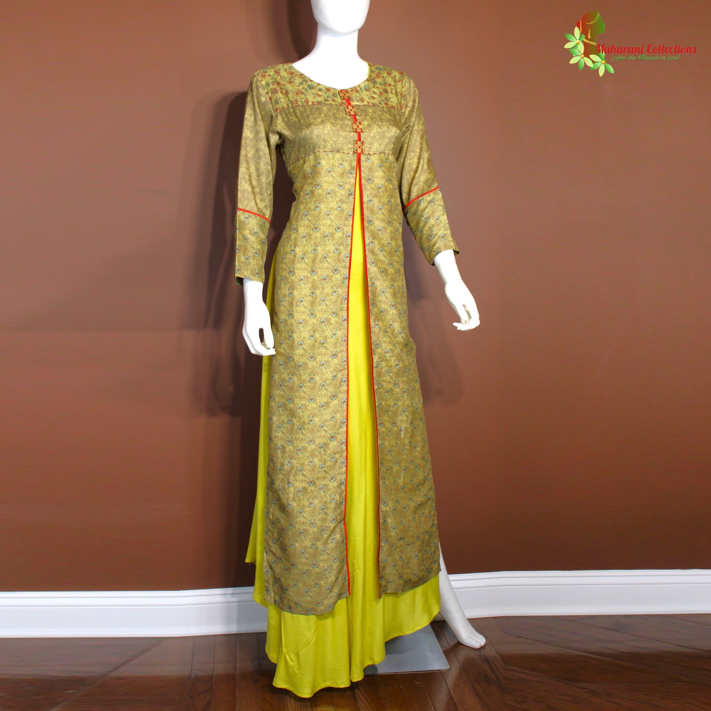 Maharani's Georgette Long Evening Dress- Yellow (M)