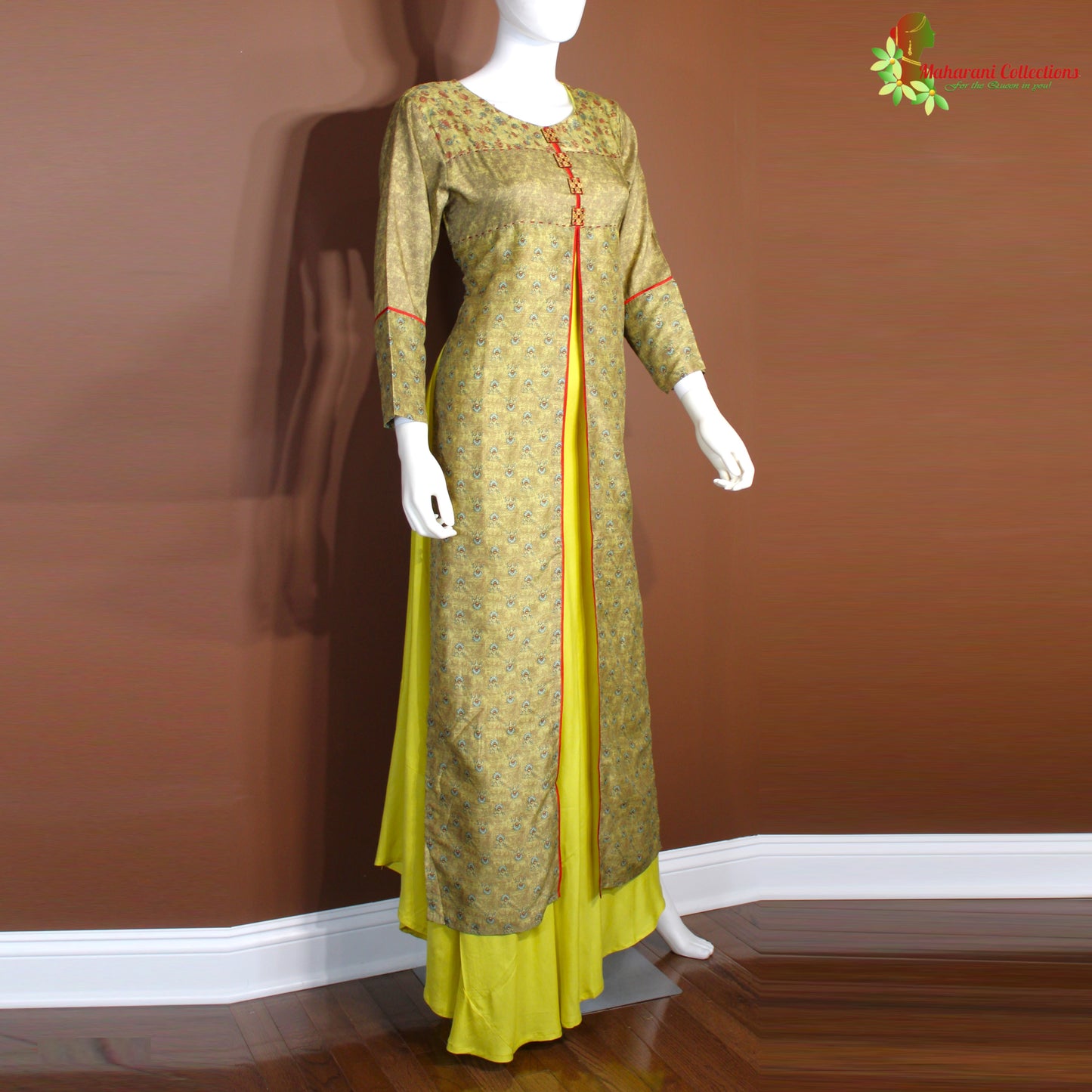 Maharani's Georgette Long Evening Dress- Yellow (M)