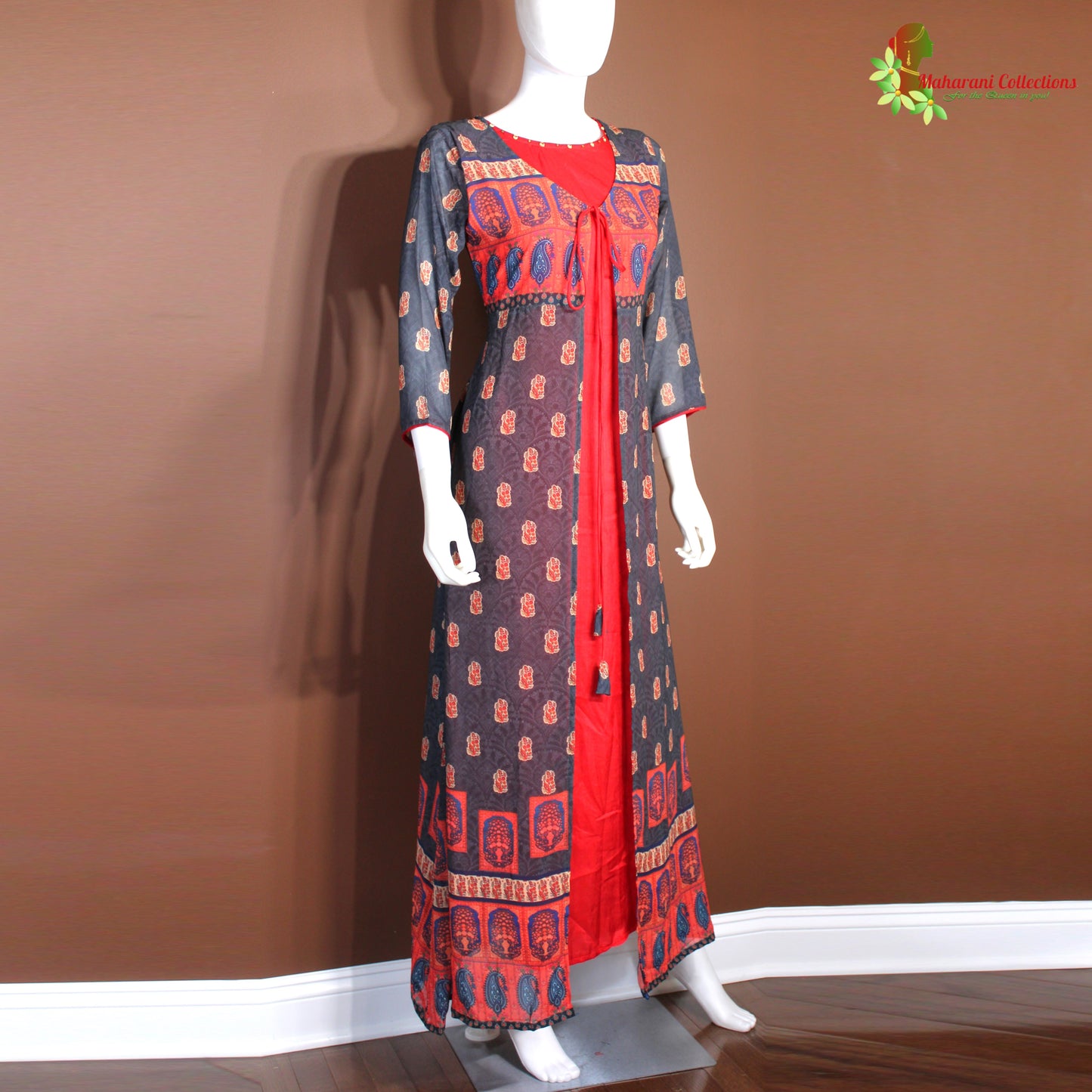 Maharani's Georgette Long Evening Dress - Brown and Red (S)