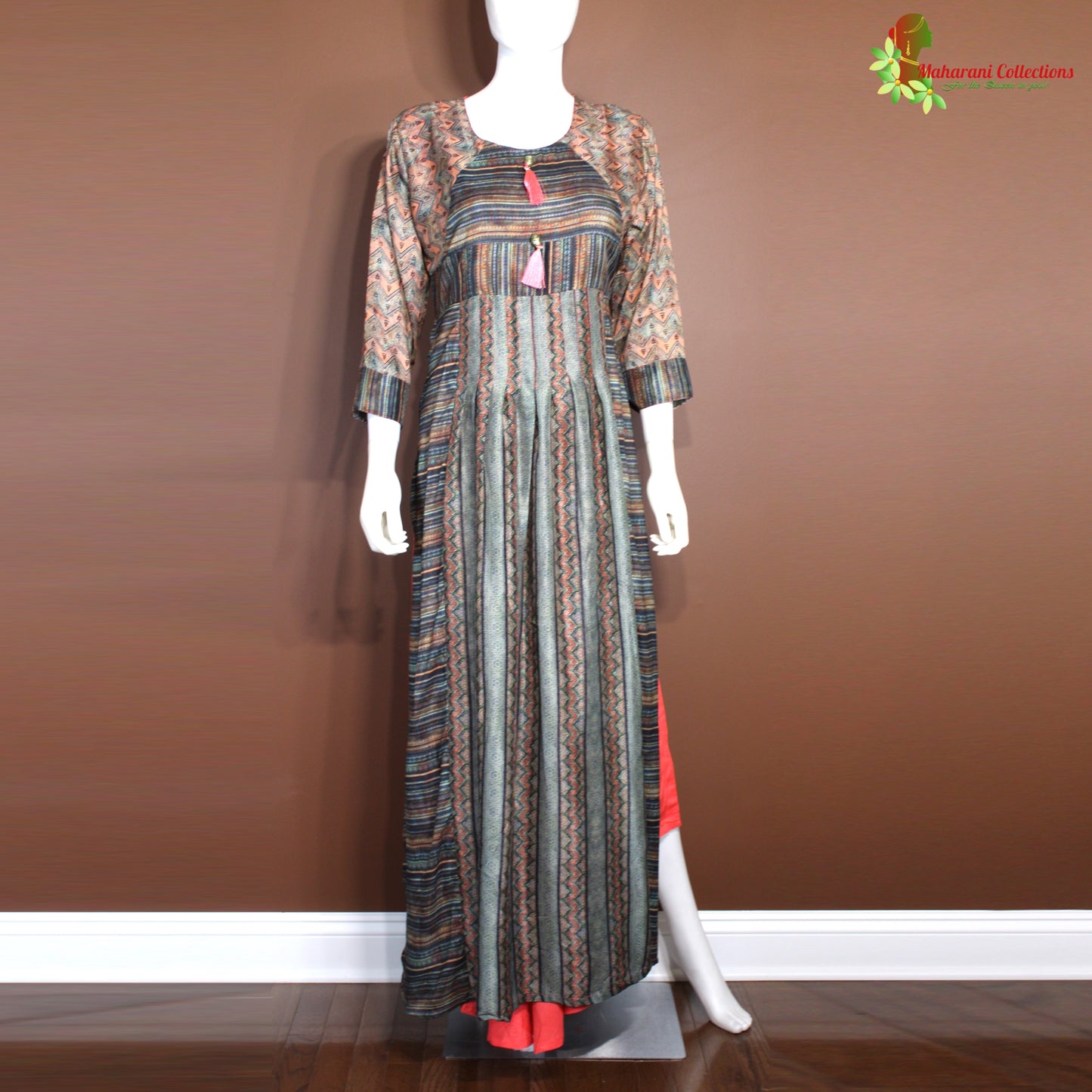 Maharani's Georgette Long Evening Dress - Brown/Red (S)