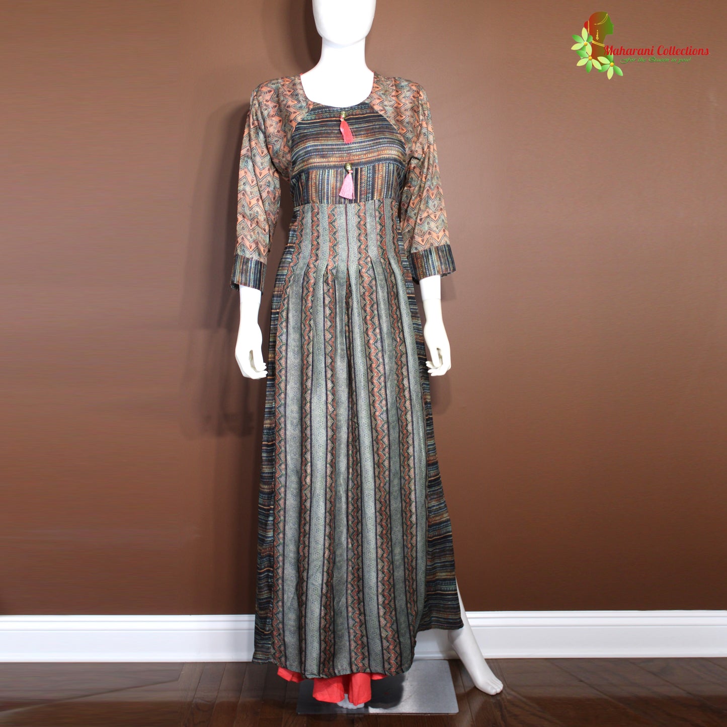 Maharani's Georgette Long Evening Dress - Brown/Red (S)