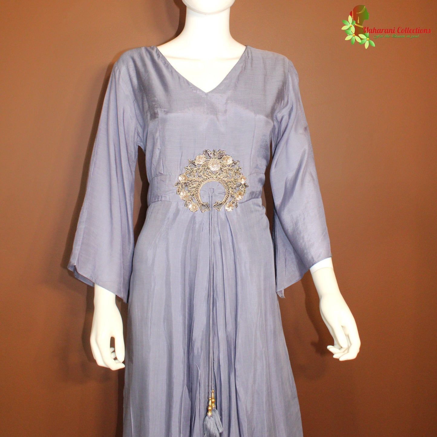 Maharani's Satin Silk Long Dress - Aegean Blue (M)