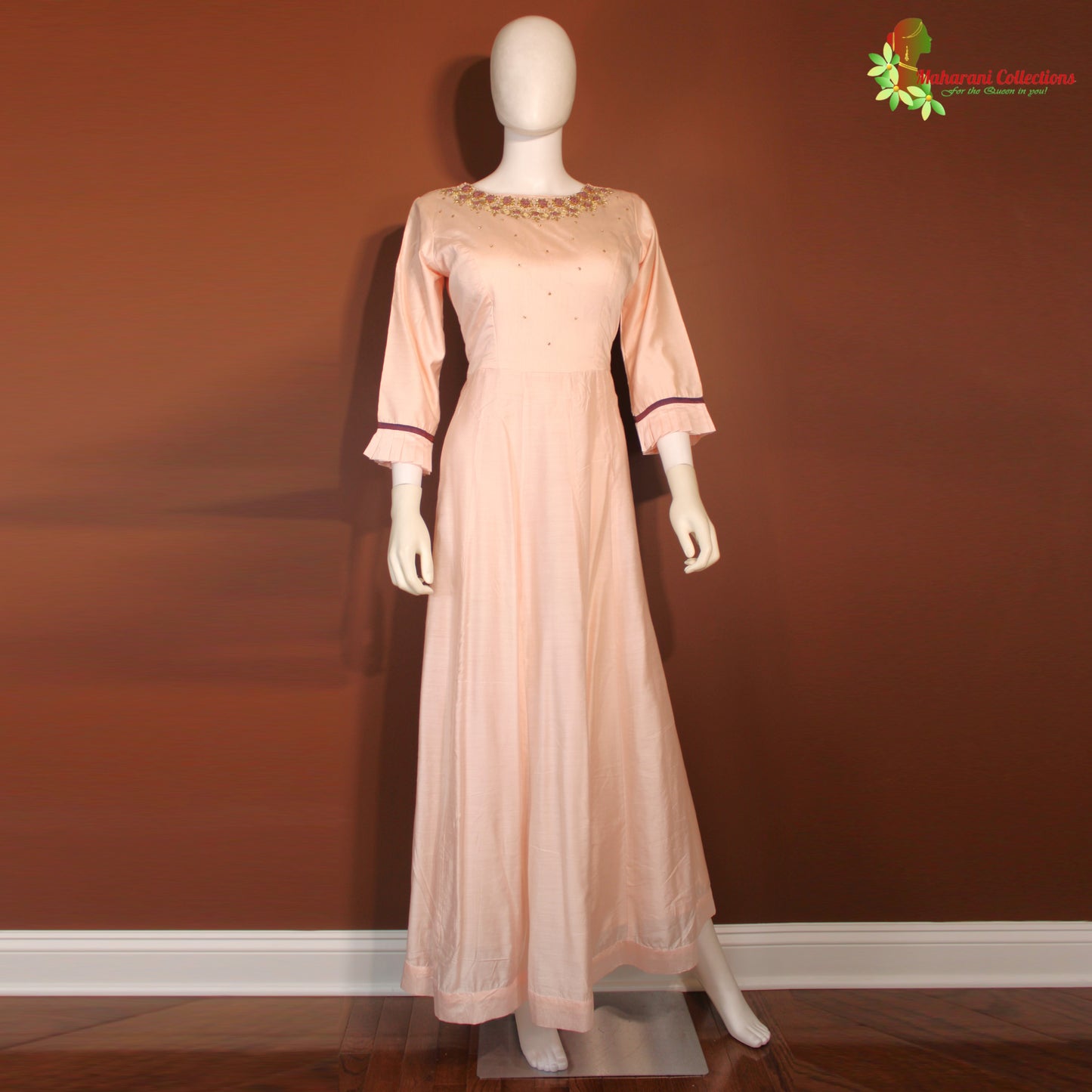 Maharani's Silk Long Evening Gown - Peach (L)