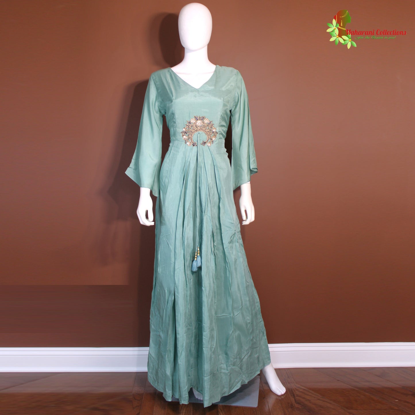 Maharani's Satin Silk Long Dress - Sea Green (M)