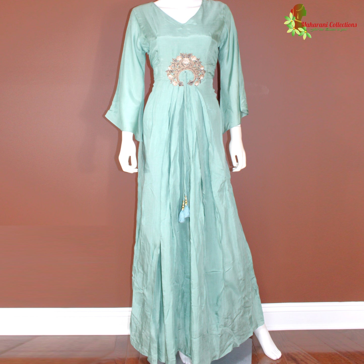 Maharani's Satin Silk Long Dress - Sea Green (M)