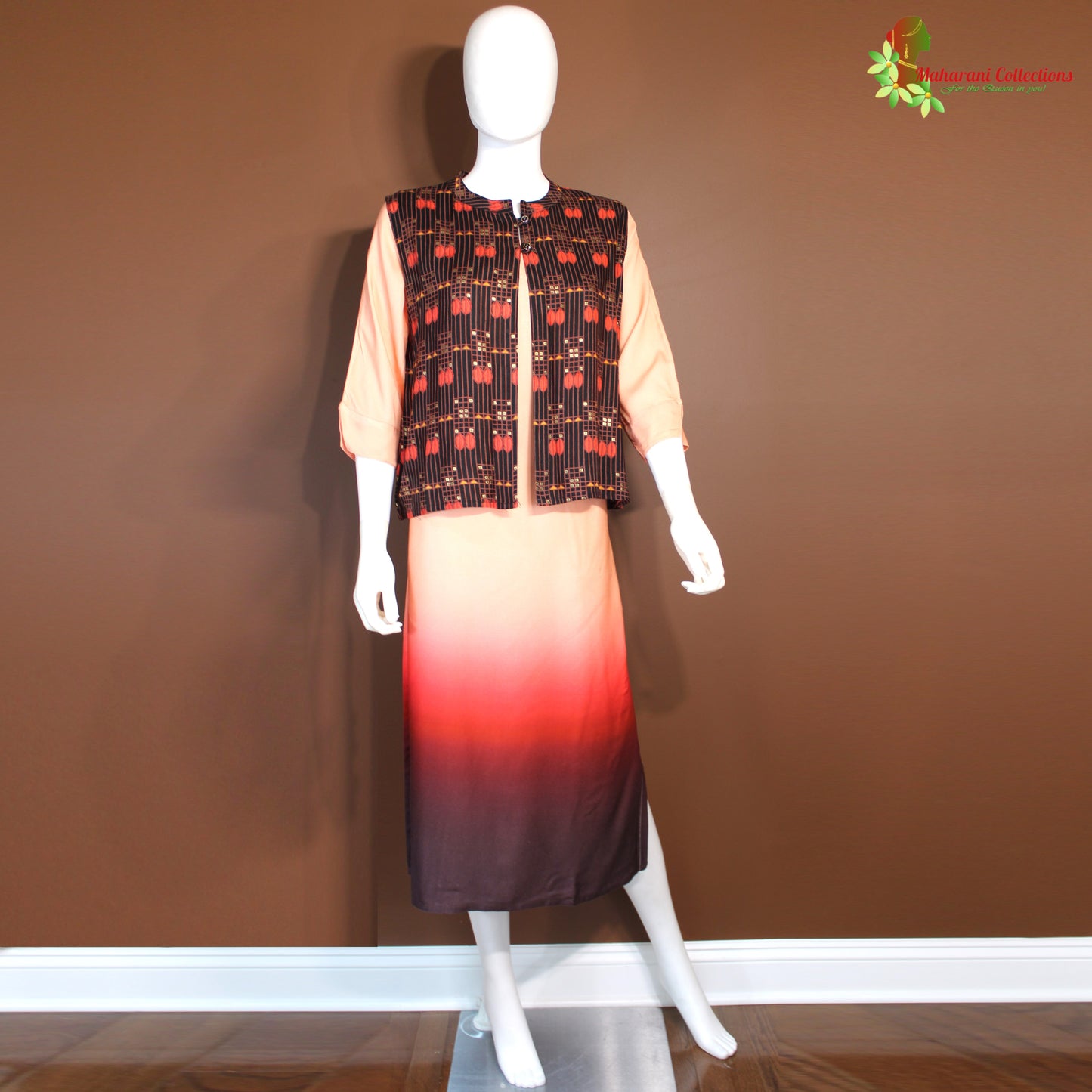 Maharani's Soft Cotton Long Dress - Pink, Red and Brown (XL)