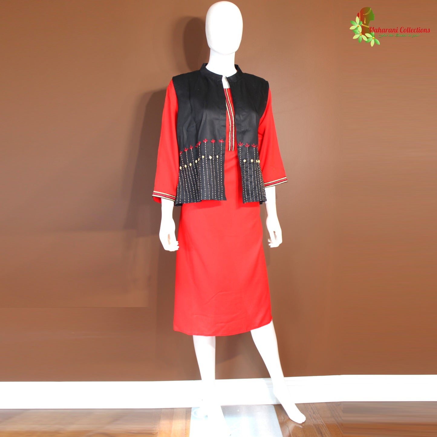 Maharani's Soft Cotton Kurta Top with Jacket - Red (XL)