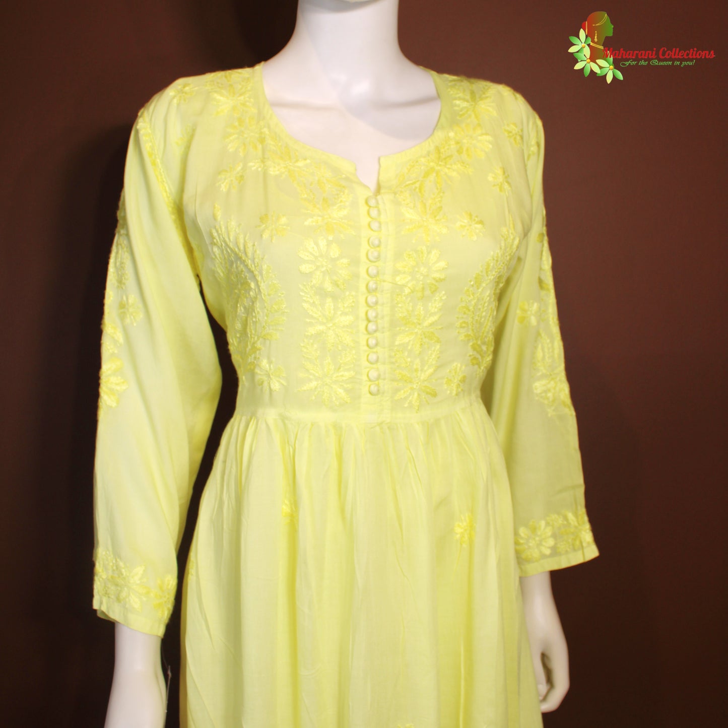 Maharani's Chikankari Georgette Kurta Top - Lemon Yellow (L)