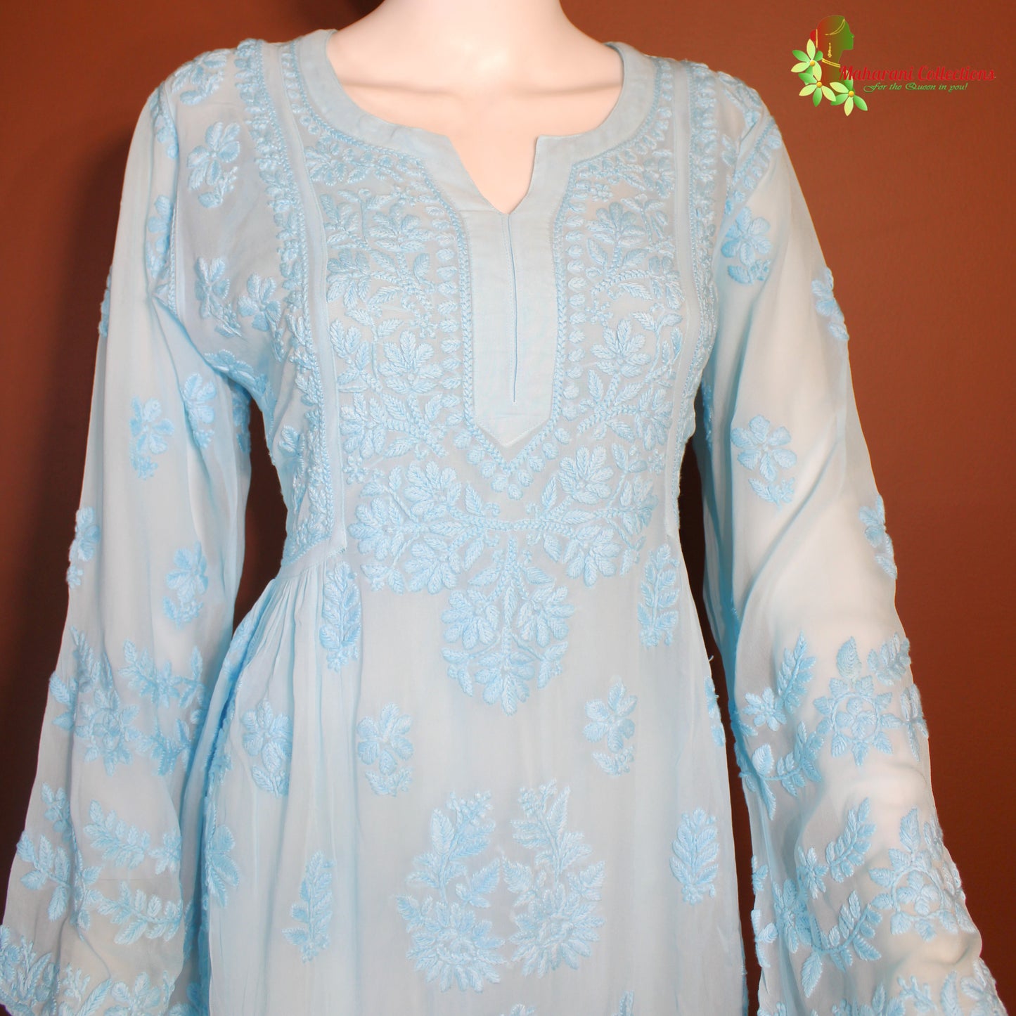 Maharani's Lucknowi Chikankari Top - Sky Blue (L) - Pure Georgette