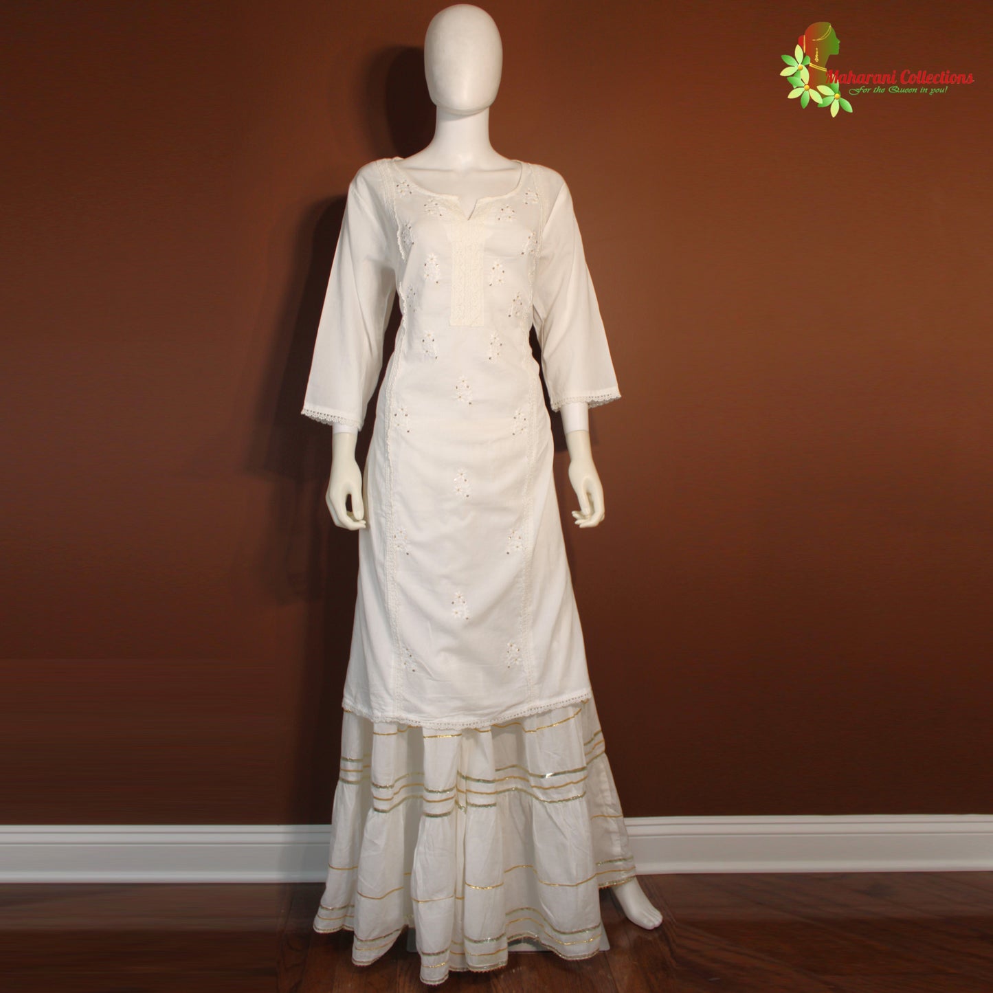 Maharani's Sharara Suit - Soft Cotton - White (XXL)