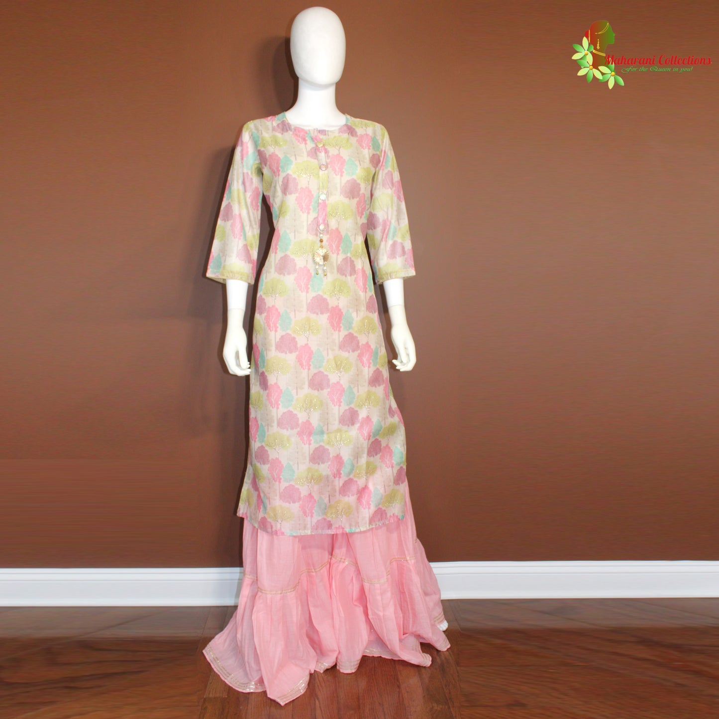Maharani's Lucknowi Sharara Suit - Soft Silk - Pink Floral (L)