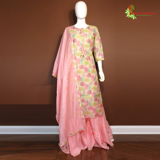 Maharani's Lucknowi Sharara Suit - Soft Silk - Pink Floral (L)