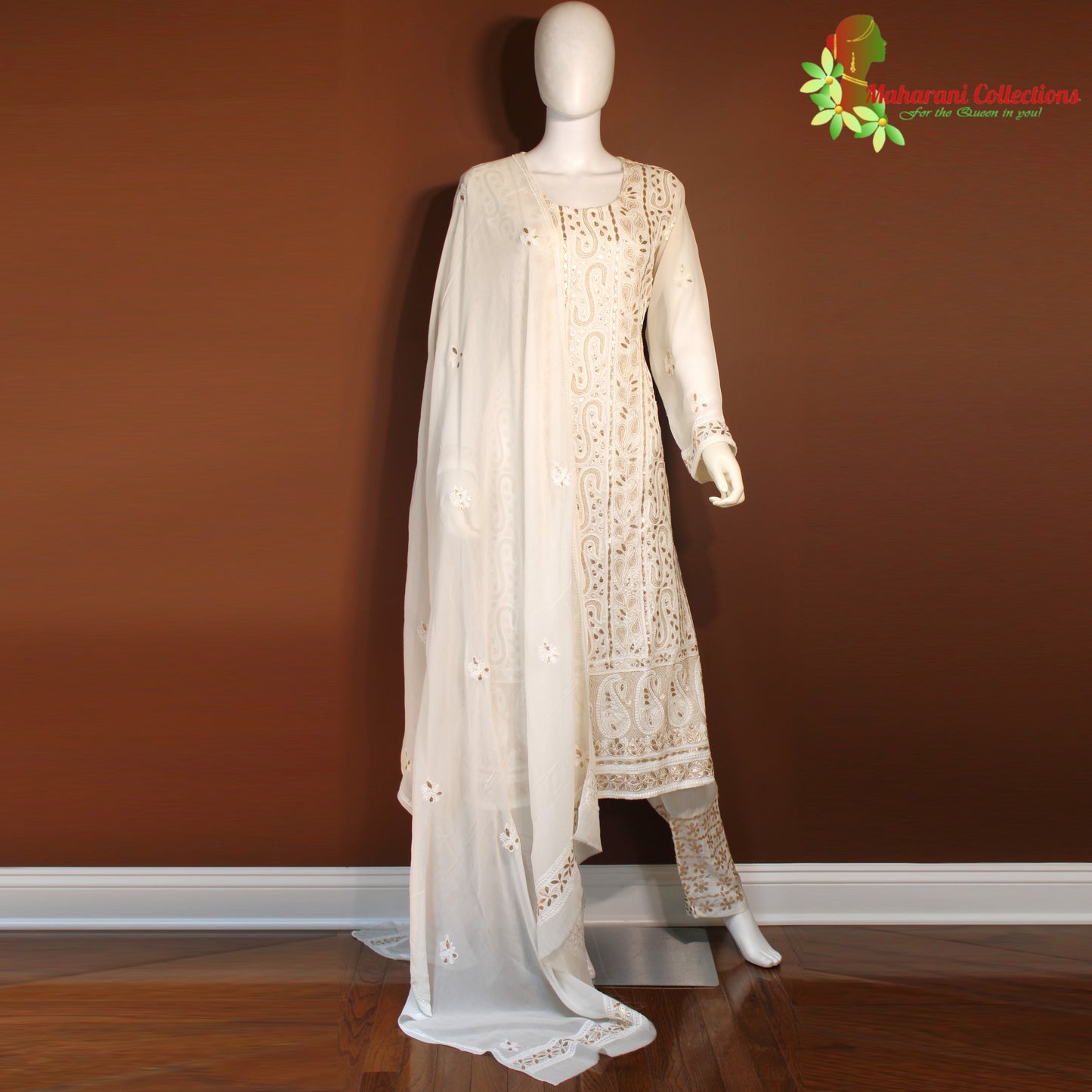 Maharani's Lucknowi Chikankari Palazzo Suit - White (L) - Pure Georgette