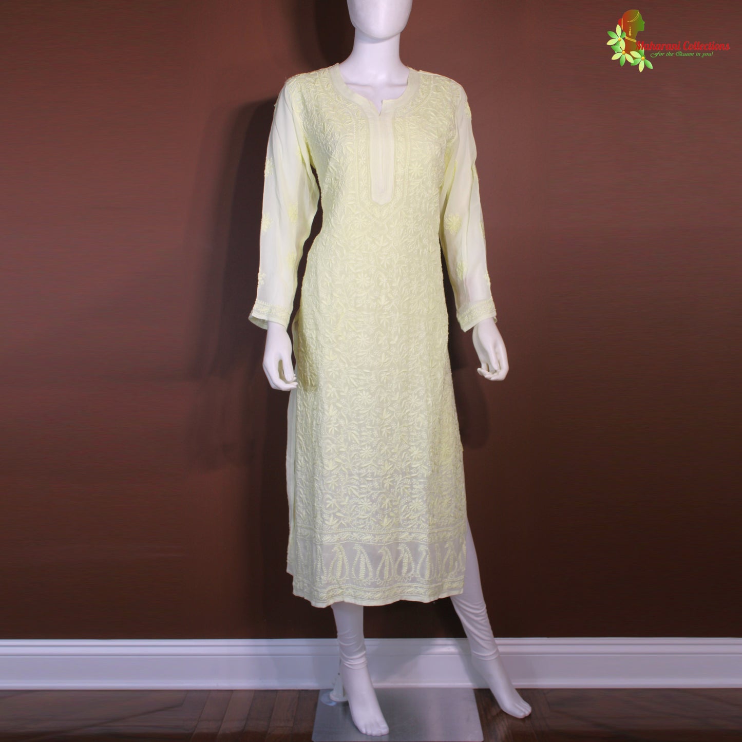 Maharani's Lucknowi Chikankari Georgette Kurta Top - Light Yellow (L)