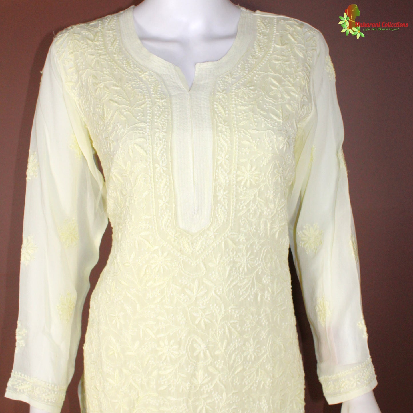 Maharani's Lucknowi Chikankari Georgette Kurta Top - Light Yellow (L)