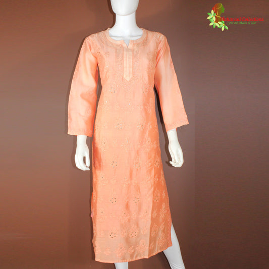 Maharani's Chanderi Silk Kurta Top - Peach (L)