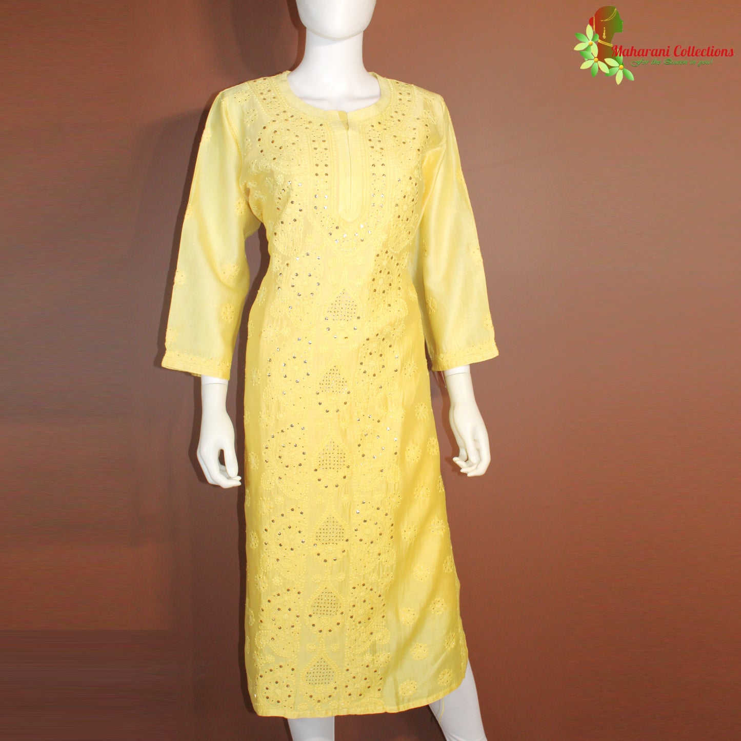 Maharani's Chanderi Silk Kurta Top - Yellow (L)