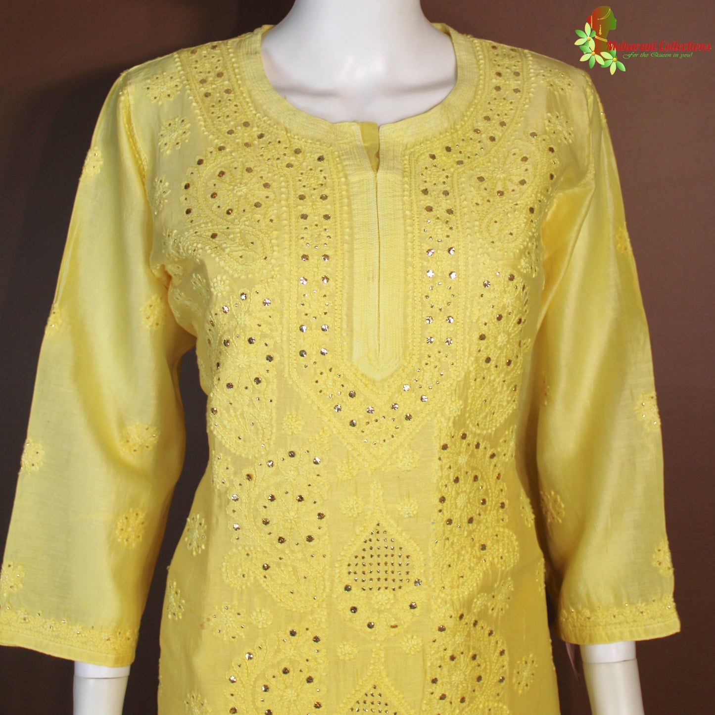 Maharani's Chanderi Silk Kurta Top - Yellow (L)